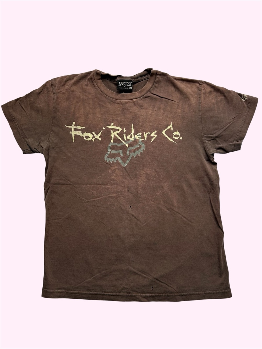 Y2K Fox Racing Spellout Graphic Tee Thrashed Faded Distressed Brown Medium